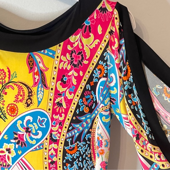 Papillon Blanc Mod Geo Design Black Trim Pink 3/4 Sleeve Sheath Dress Women's M - Picture 4 of 10